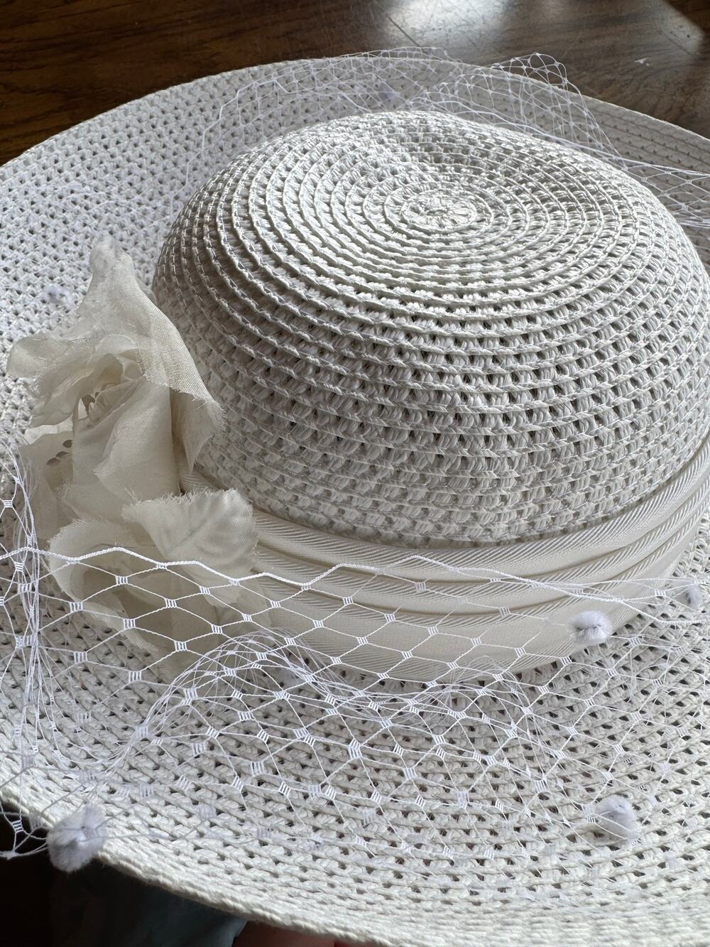 Hats In The Belfry White Straw Wide Brim Hat with Veil & Floral Detail